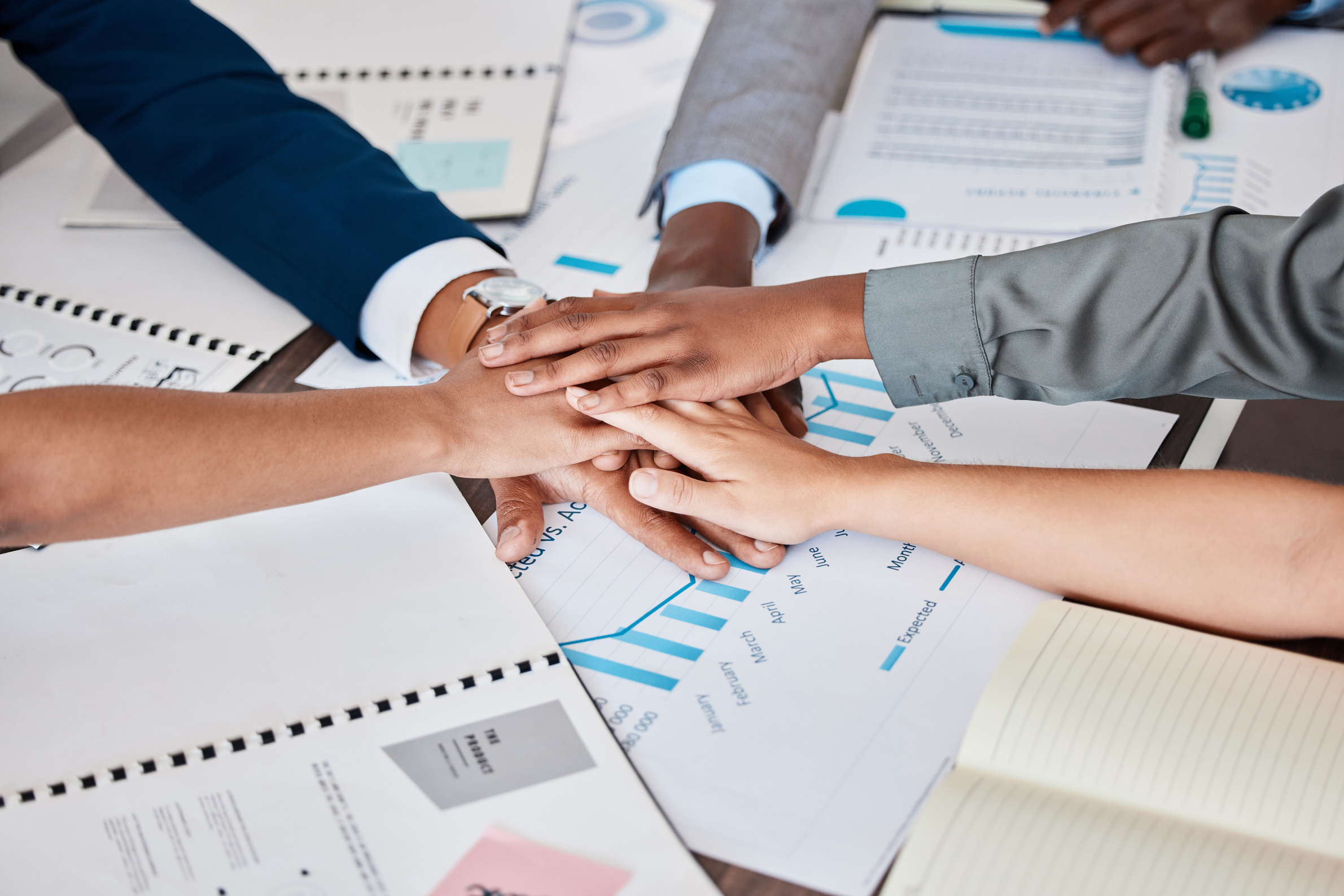 Teamwork Hands, Business Motivation and Success with Mission for Growth Vision, Partnership Deal and Goals Support Together. Circle of Employees to Celebrate Group Collaboration, Bonus and Winning